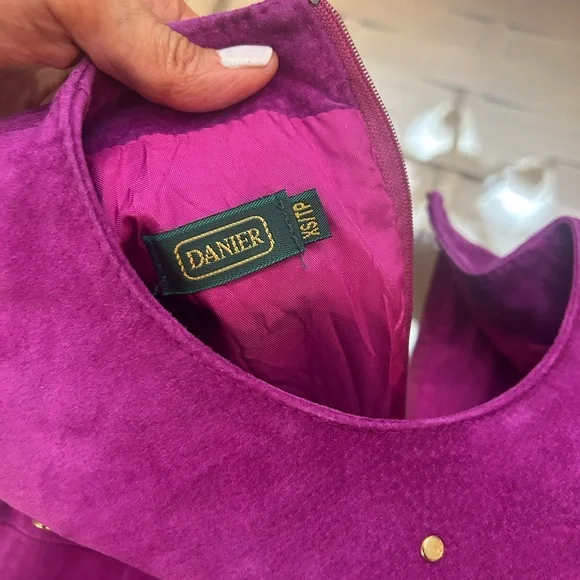 Vintage Daniel Leather Long Sleeve Fuchsia Suede Shift Dress with Stud Detail - Picture 11 of 13